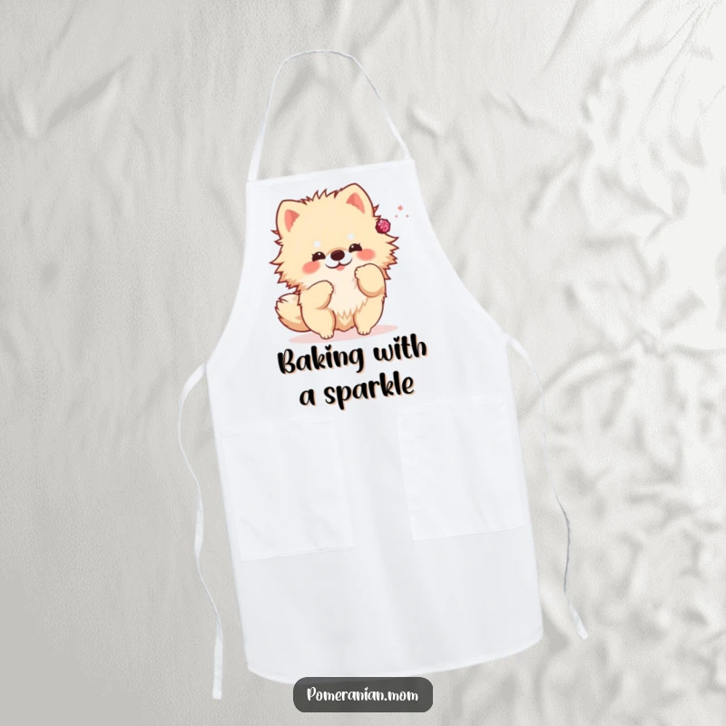 Funny kawaii Pomeranian apron, a cute dog chef playfully tossing a sparkly accessory. Stylish kitchen wear.