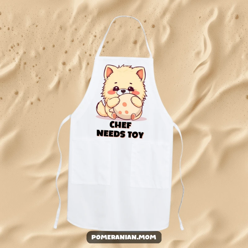 Funny Kawaii Pomeranian Apron: An adorable dog hugs a comically large squeaky toy with sheer delight, perfect for a cheerful cook.