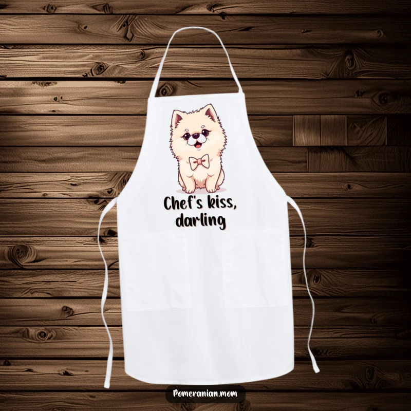 Funny Kawaii Pomeranian apron, a proud dog wearing a tiny bowtie, great for cooking with flair.