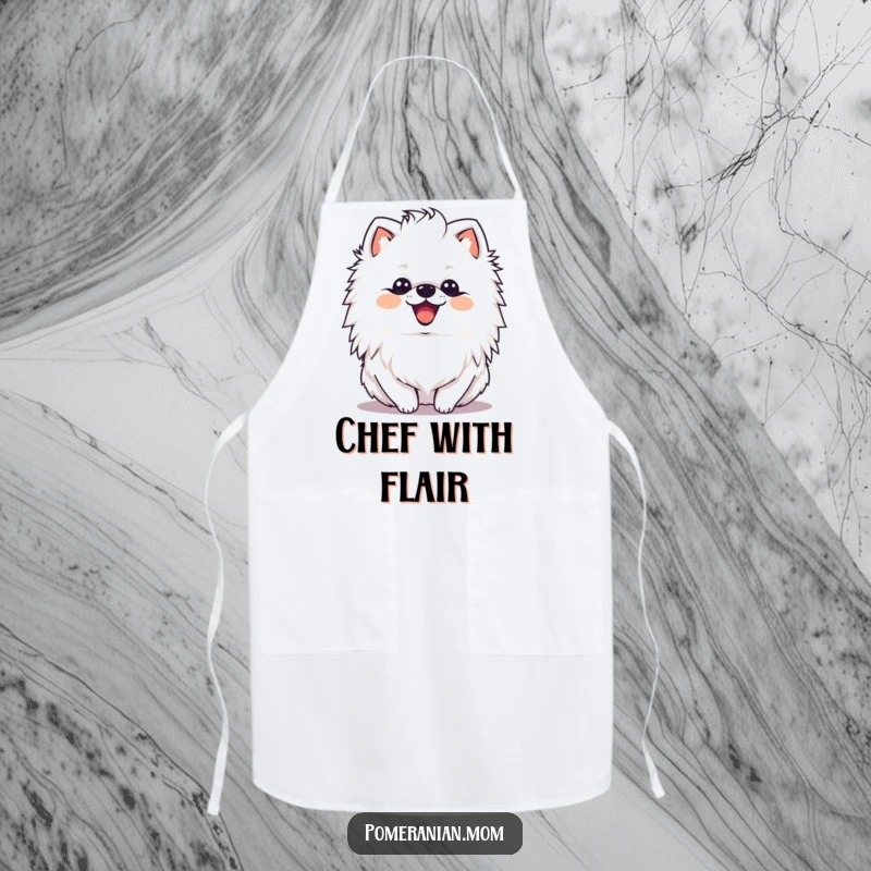 Funny kawaii Pomeranian with a delighted expression shaking its mane on this functional apron, adding a touch of spirited fun to cooking.