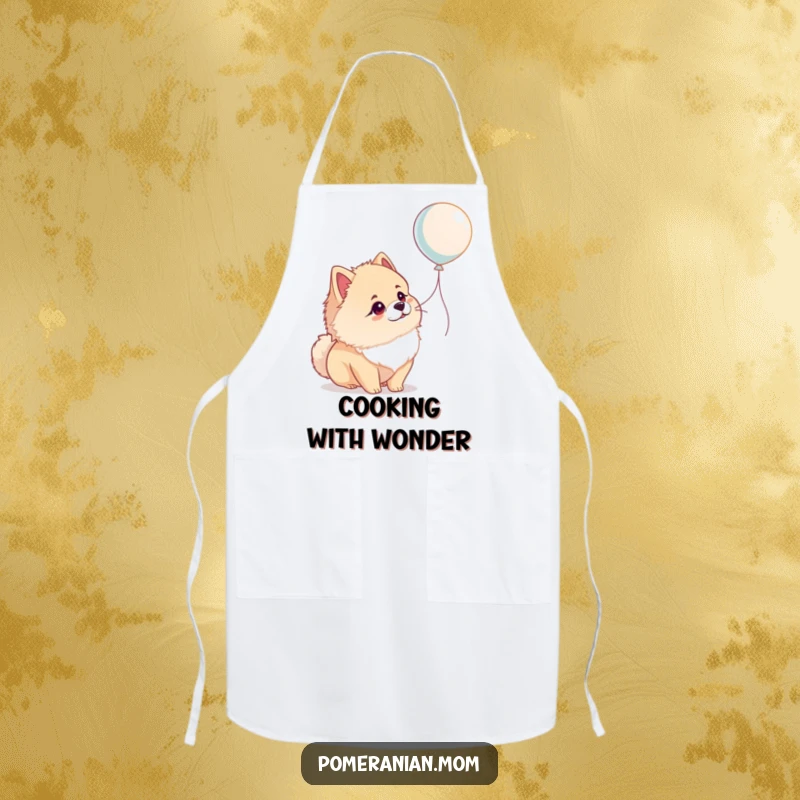 Funny Pomeranian apron showing a dog looking at a balloon with wonder, a cute and humorous kitchen accessory.