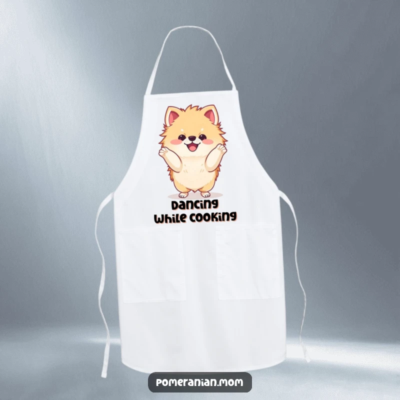 Funny kawaii Pomeranian doing a delighted dance with its paws apron, a playful and practical accessory for dog lovers.