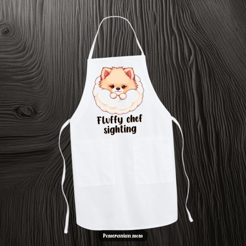 Funny kawaii Pomeranian peeking from its fluffy fur cloud apron, a playful and practical accessory for fluffy dog lovers.
