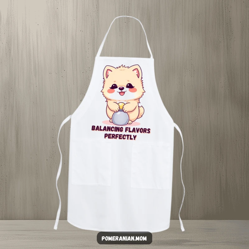 Funny Pomeranian apron depicting a happy dog balancing a shiny object, suitable for chefs who appreciate skill and humor.