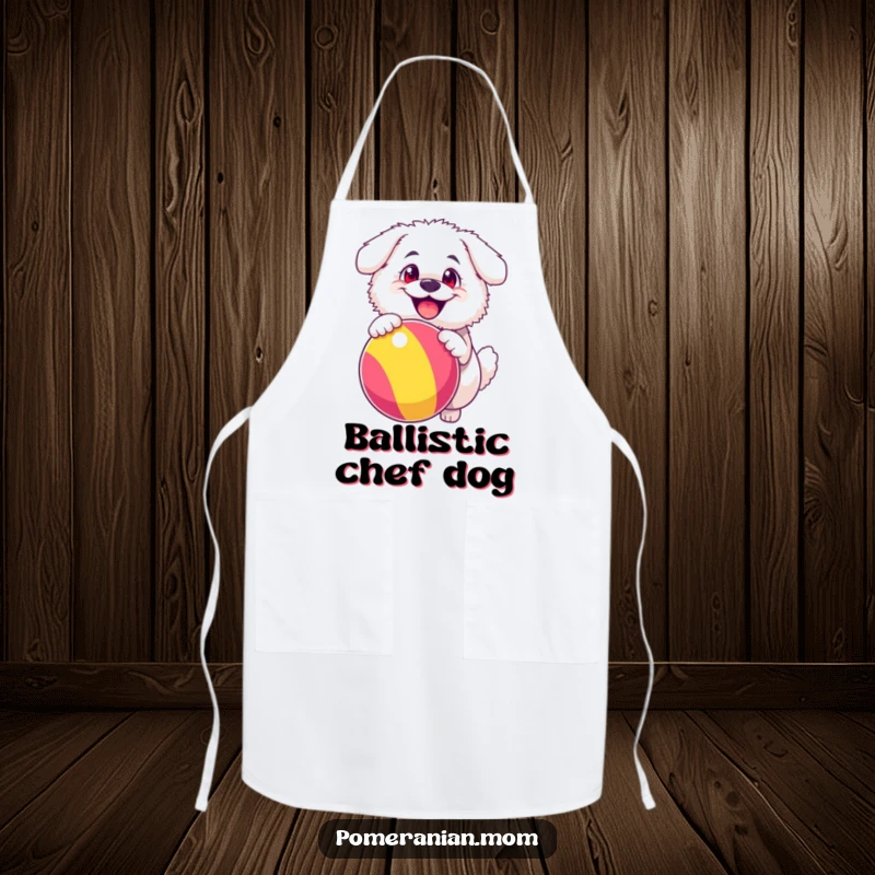 Funny apron featuring a fluffy white dog with exaggerated happy eyes, gleefully bouncing a large, colorful ball, perfect for a playful chef.
