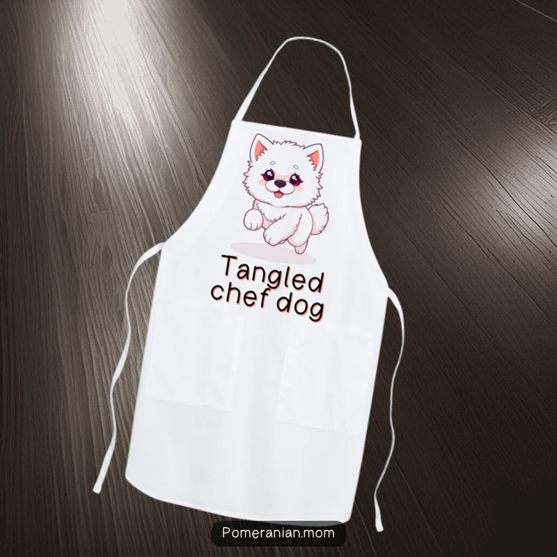 Funny apron featuring a fluffy white dog with wide, excited eyes, playfully spinning in a circle while chasing its own tail.