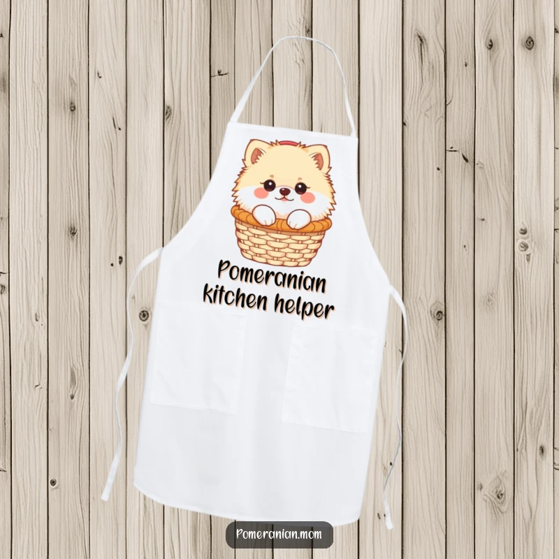 Funny Kawaii Pomeranian peeking from a small basket on a kitchen apron, adding a touch of humor to cooking.