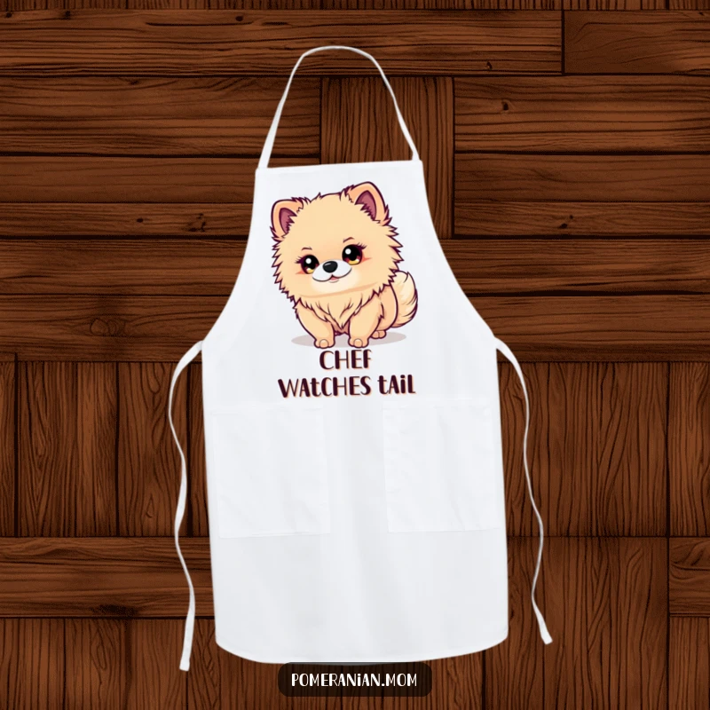 Funny Kawaii Pomeranian Apron: An adorable dog with sparkling eyes intently watches its wagging tail, perfect for a humorous cook.