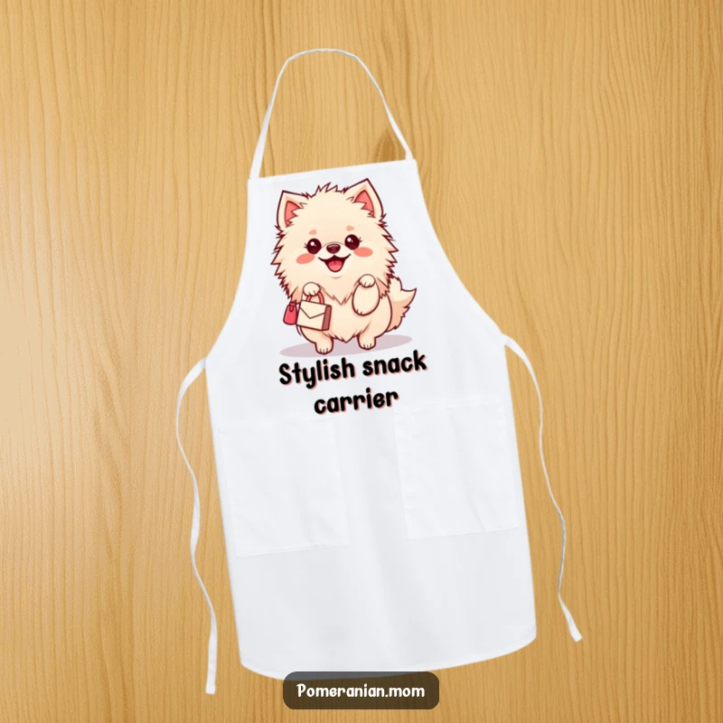 Funny Kawaii Pomeranian Apron: A cute dog with a happy wiggle carries a miniature handbag, perfect for a stylish cook.