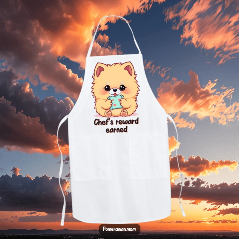 Funny Kawaii Pomeranian apron, a fluffy dog gently holding a treat, great for cooking and baking.