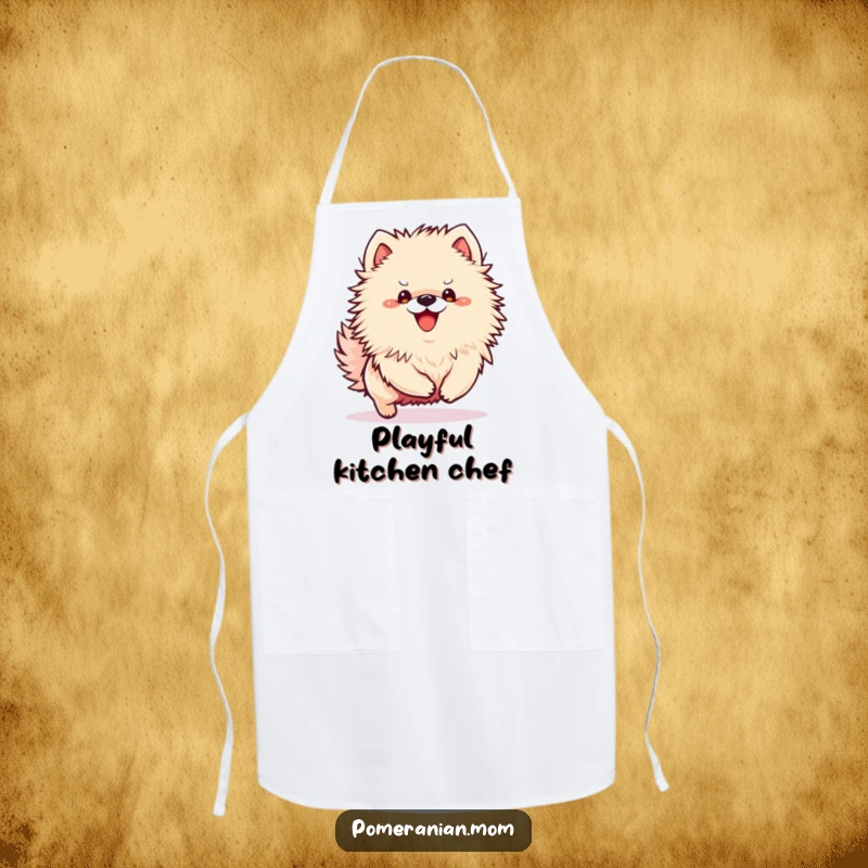 Funny Kawaii Pomeranian apron designed with a small dog in an excited bounce, ready for kitchen play.