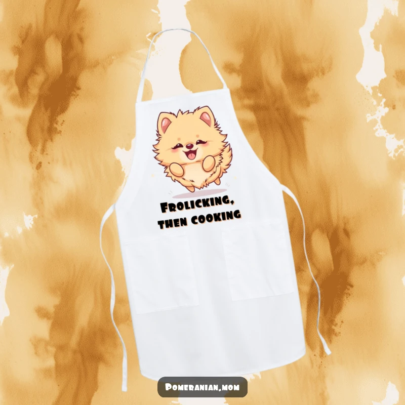 Funny Kawaii Pomeranian Apron: A fluffy dog frolicking with sheer joy, adding cheer to any cooking session.