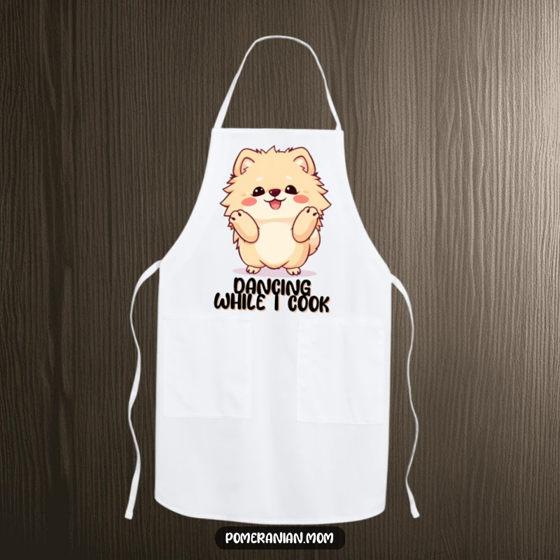 Funny Kawaii Pomeranian apron, a fluffy dog doing a happy dance while you cook, adding humor to the kitchen.