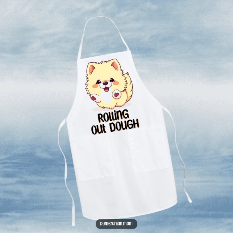 Funny Kawaii Pomeranian Apron: A fluffy dog rolling with pure delight, adding cheer to any cooking session.