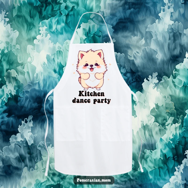 Funny Kawaii Pomeranian Apron: A cute, fluffy dog energetically shaking its body while cooking, bringing funny excitement to the kitchen.