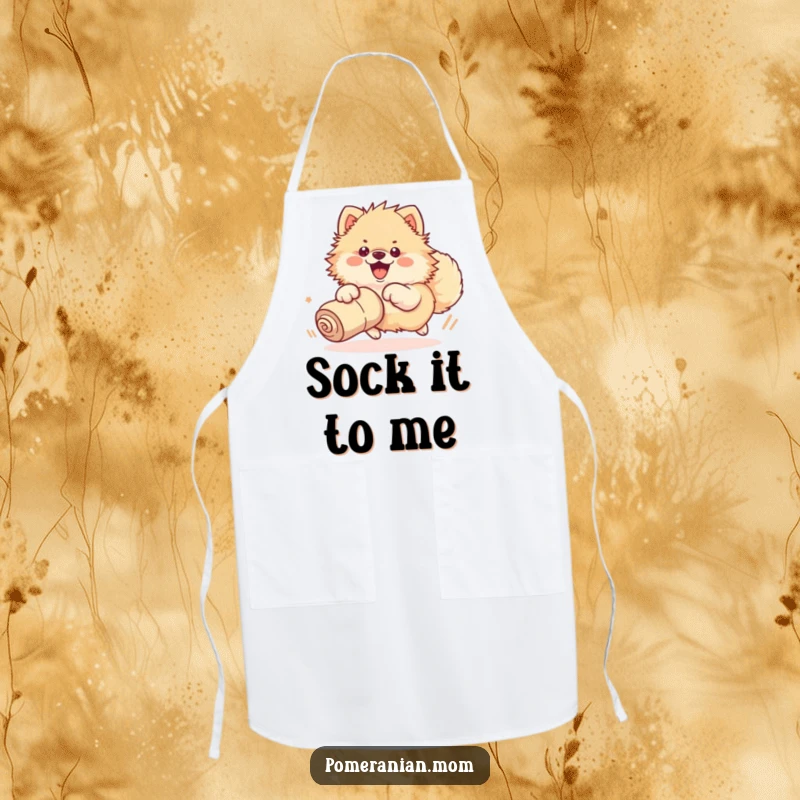 Funny apron designed for cooking, showing a kawaii Pomeranian enthusiastically chasing a rolled-up sock with its whole body.