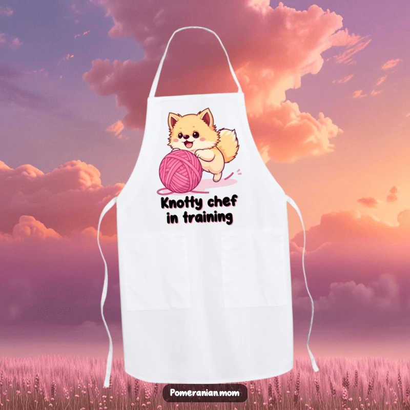 Funny Pomeranian apron, a fluffy dog hilariously chasing a large ball of yarn, perfect for chefs and bakers.