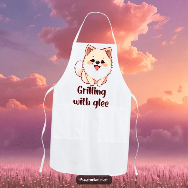 Funny Pomeranian apron showing an ecstatic dog with a wagging tail, a cute and humorous kitchen accessory for chefs.