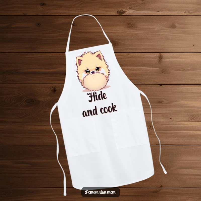 Funny Kawaii Pomeranian Apron: Mischievous dog hiding behind a pom-pom, perfect for adding a humorous touch to kitchen wear.