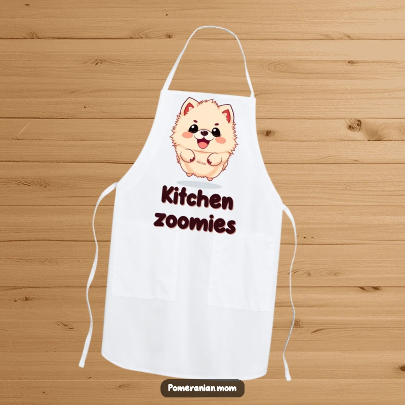 Funny kawaii Pomeranian apron, depicting a fluffy dog jumping with excitement. Great for cheerful cooks.