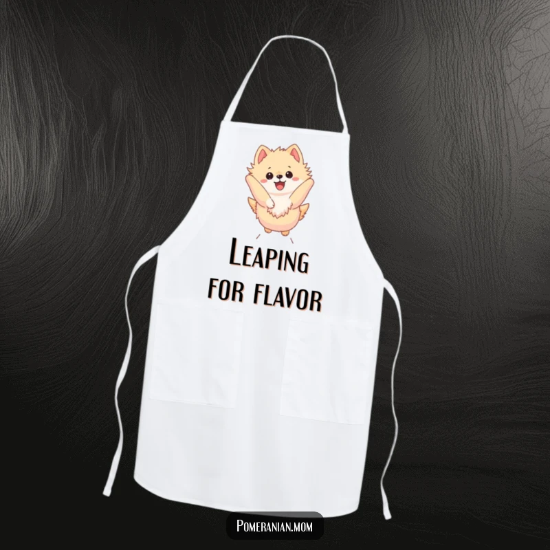 Funny Kawaii Pomeranian Apron: Dog in a dynamic leap, perfect for adding a humorous and energetic touch to kitchen wear.