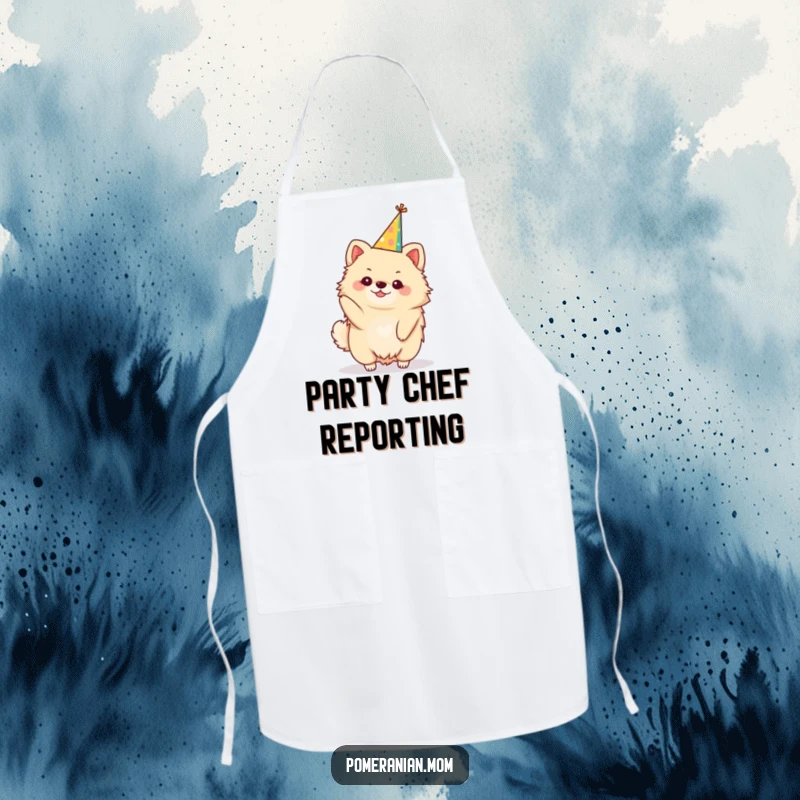Funny kawaii Pomeranian apron, a cute dog chef wearing a festive party hat. Great for festive cooking.