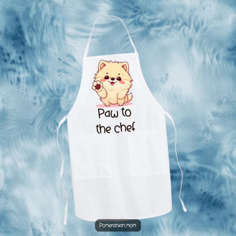 Funny Kawaii Pomeranian Apron: Cheerful dog offering a paw for a handshake, perfect for adding a humorous and friendly touch to kitchen wear.
