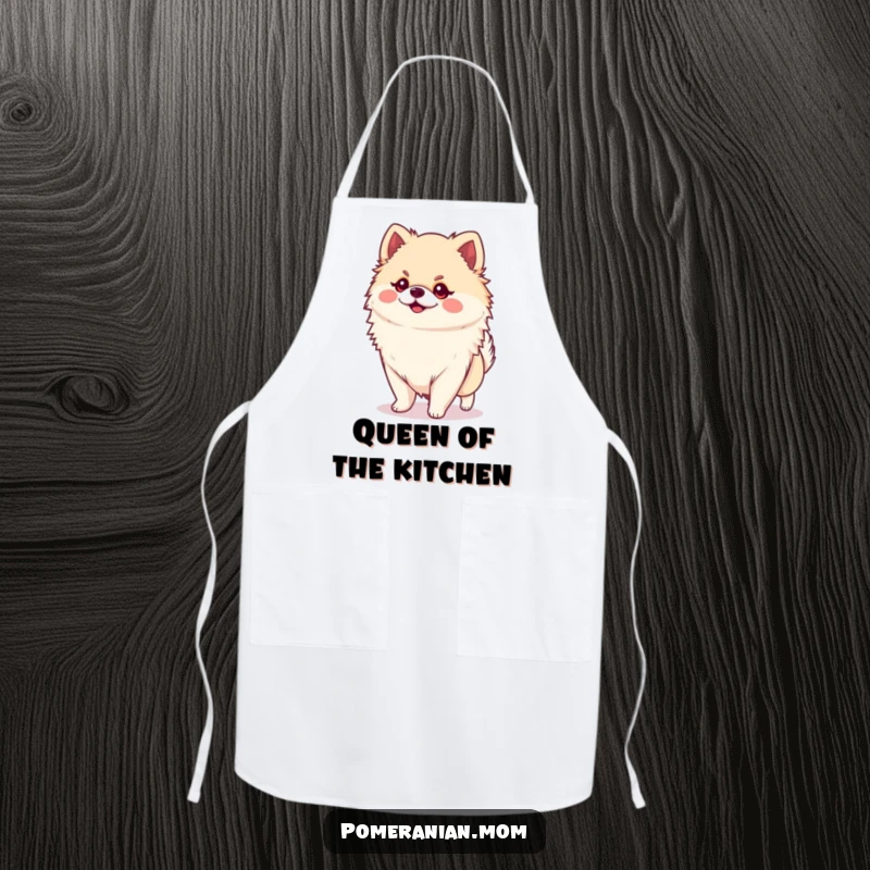 Funny Kawaii Pomeranian Apron: A small, cute dog confidently strutting with a huge personality while cooking, adding funny sass.