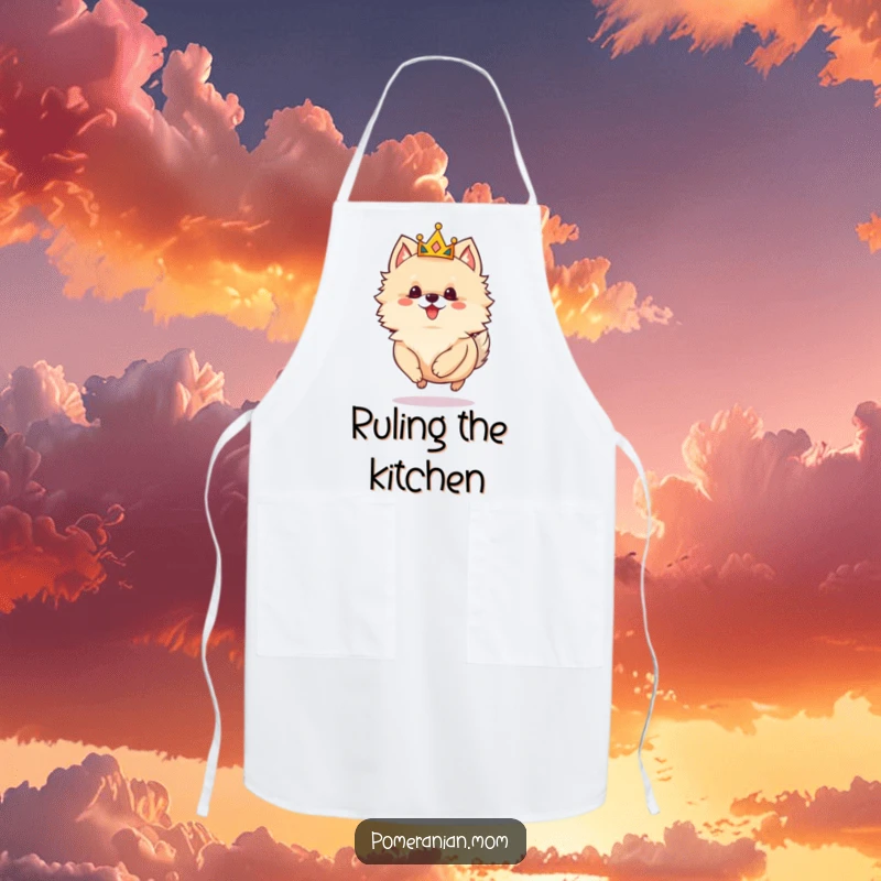 Funny Pomeranian apron depicting a small crowned dog skipping, suitable for home chefs who rule their kitchen with humor.