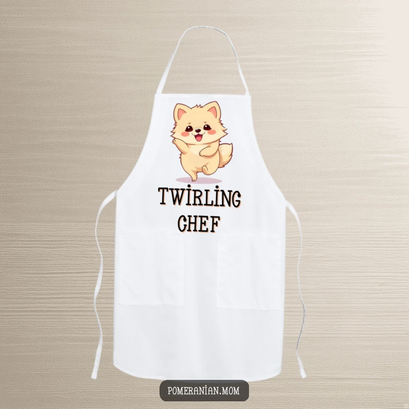 Funny Pomeranian Apron showing a cute Pomeranian character performing a joyous, spinning twirl while cooking.