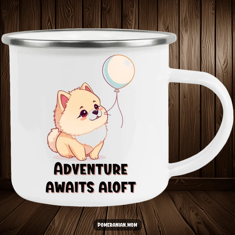 Funny Pomeranian camping mug depicting a dog in wonder of a balloon, a durable and humorous cup for outdoor adventures.