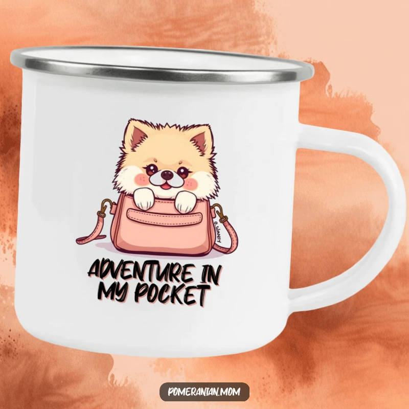 Funny Kawaii Pomeranian peeking from a tiny purse on this rugged camping mug, ready for outdoor adventures with a smile.