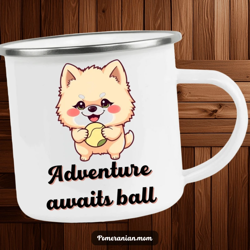 Funny Pomeranian character with a mischievous grin holding a ball on this rugged camping mug, ready for outdoor games and adventures.