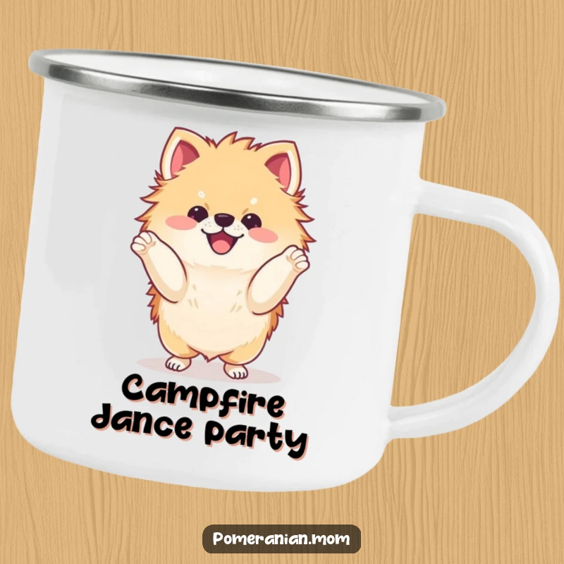 Funny kawaii Pomeranian doing a delighted dance with its paws camping mug, ideal for outdoor adventures and dancing fun.