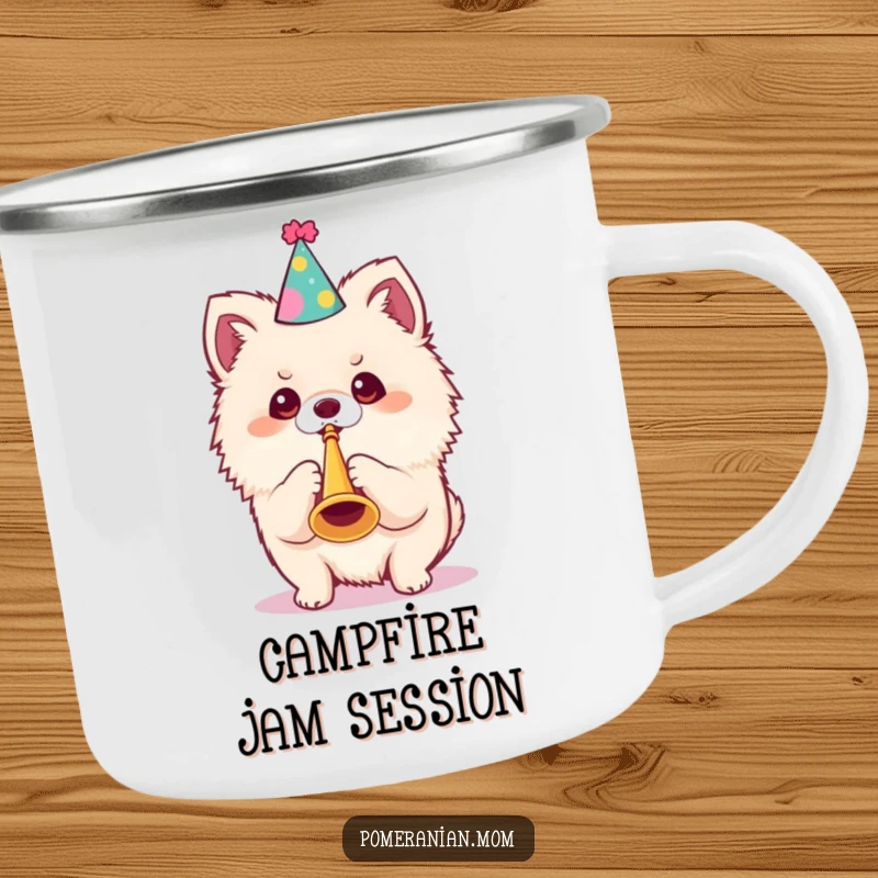 Funny Kawaii Pomeranian Camping Mug: An adorable dog in a party hat blows a tiny trumpet, perfect for festive adventurers.