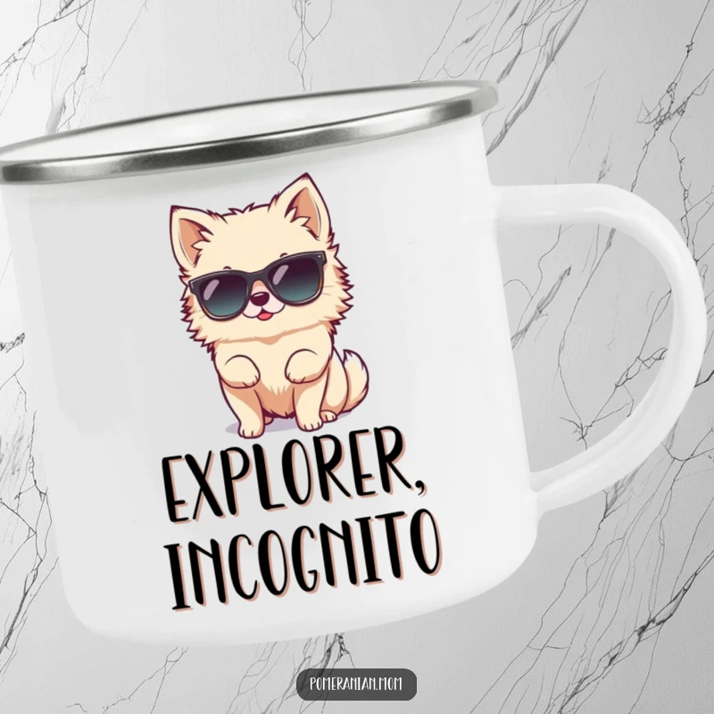 Funny tiny Pomeranian character hilariously attempting to wear oversized sunglasses on this rugged camping mug, ready for cool adventures.