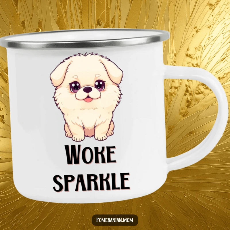 Funny dog camping mug with a fluffy dog and big, sparkling eyes, perfect for enjoying drinks outdoors.