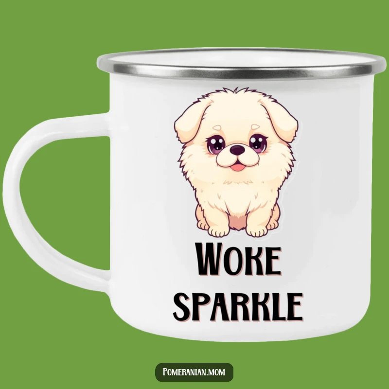 Funny Dog Camping Mug: Fluffy Pooch, Sparkle Eyes, Outdoor Fun