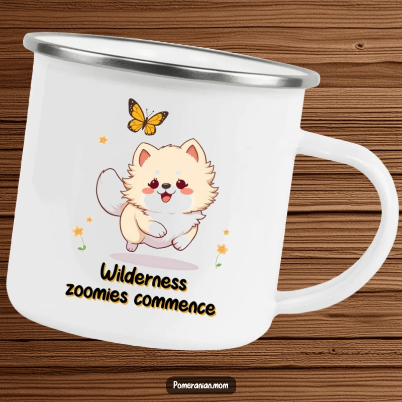 Funny Kawaii Pomeranian camping mug, a happy dog energetically chasing a butterfly in a wilderness setting.