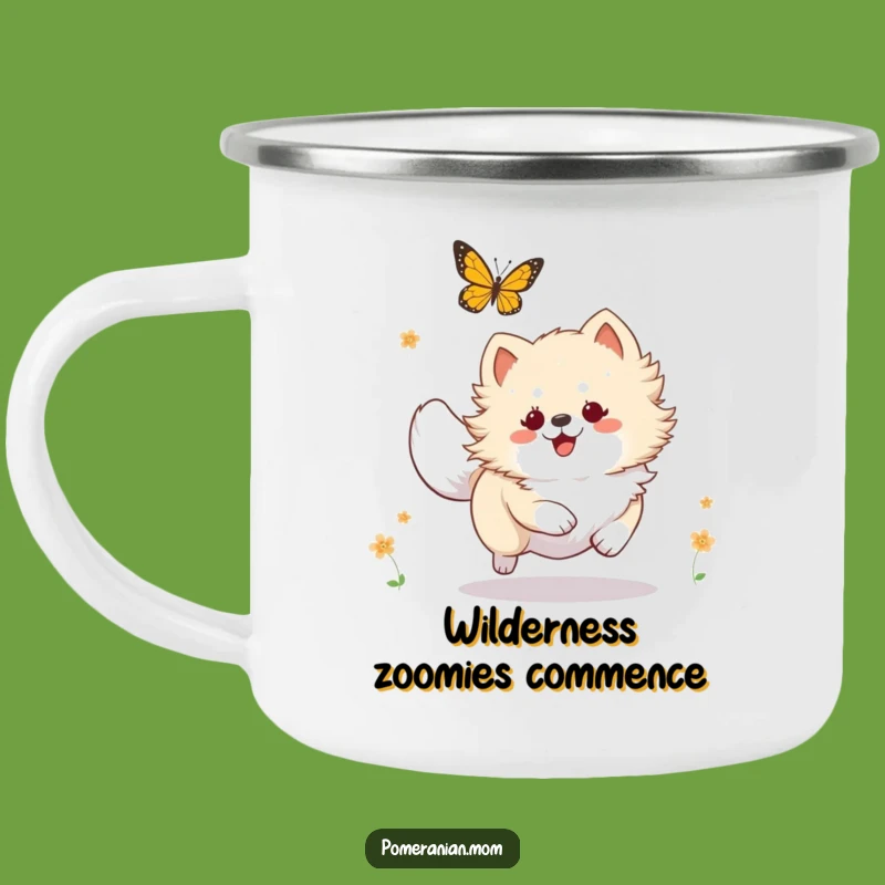 Funny Kawaii Pomeranian Butterfly Chase Camping Mug, Adventure Fuel with Laughs