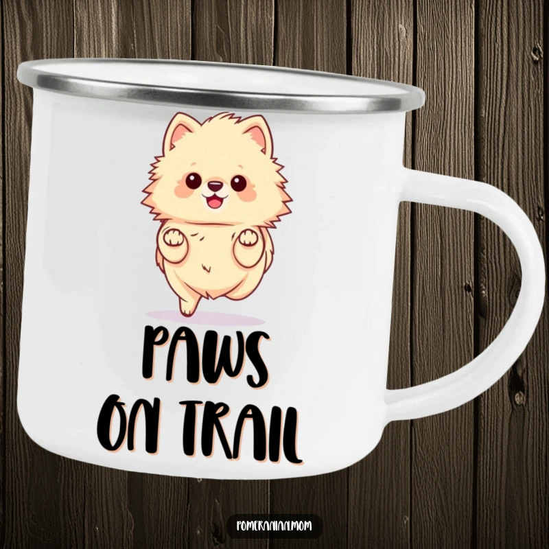 Funny kawaii Pomeranian camping mug, depicting a fluffy dog prancing gracefully with tiny paws. Perfect for stylish adventurers.
