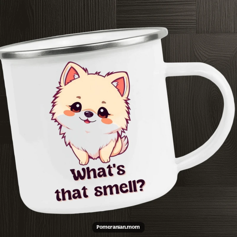 Funny kawaii Pomeranian camping mug, depicting a fluffy dog tilting its head with adorable curiosity. Perfect for outdoor enthusiasts.