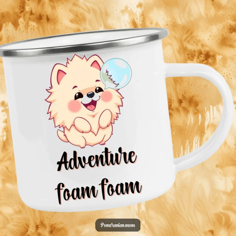 Funny camping mug featuring a kawaii Pomeranian joyfully barking at a floating bubble, perfect for outdoor enthusiasts.