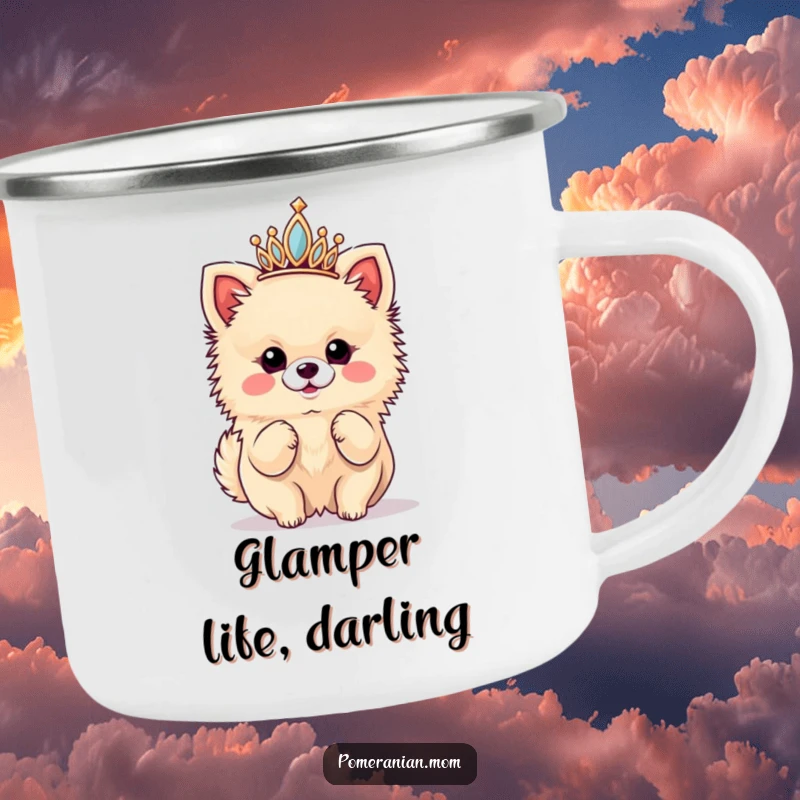 Funny camping mug featuring a kawaii Pomeranian wearing a tiny tiara and striking a diva pose, ready for outdoor regality.