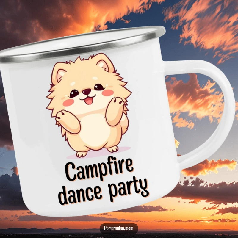 Funny Kawaii Pomeranian camping mug, a fluffy dog doing a happy dance, ready for outdoor adventures and morning coffee.