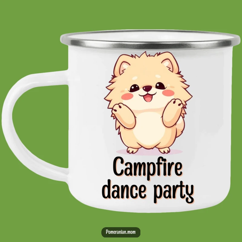 Funny Kawaii Pomeranian Happy Dance Camping Mug, Adventure Fuel with a Beat