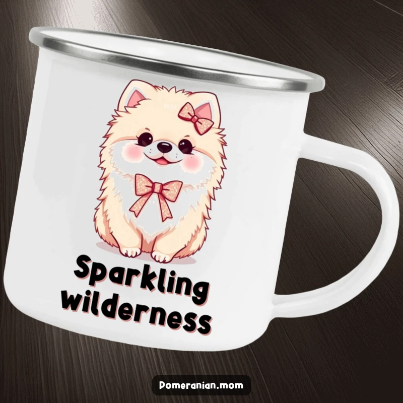 Funny Kawaii Pomeranian Camping Mug: A fluffy dog wearing a tiny, sparkling ribbon, ready for outdoor fun and caffeine.
