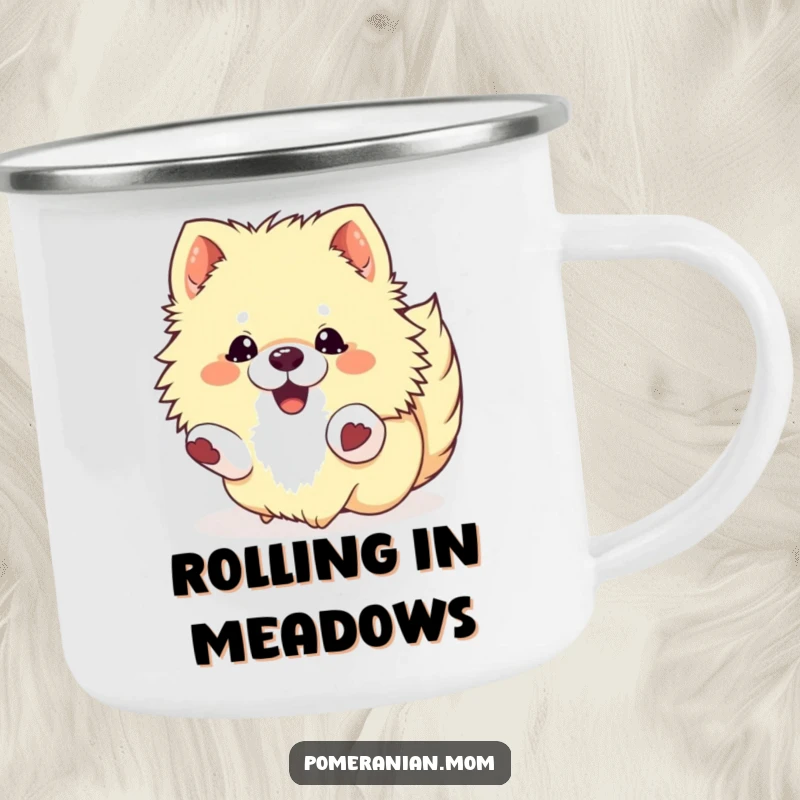 Funny Kawaii Pomeranian Camping Mug: A fluffy dog rolling with pure delight, ready for outdoor fun and caffeine.