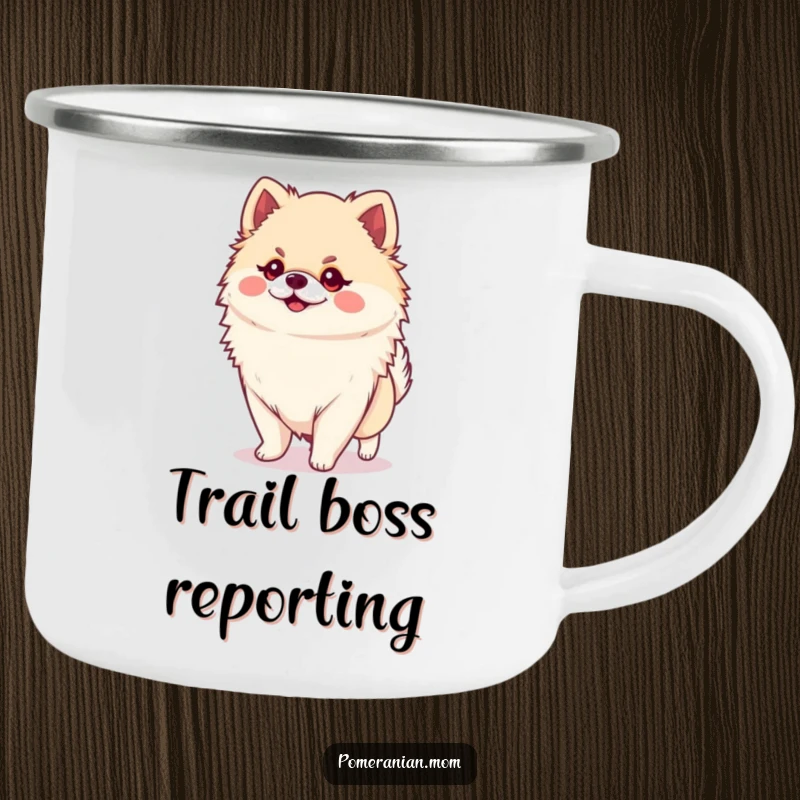 Funny Kawaii Pomeranian Camping Mug: A small, cute dog confidently strutting with a huge personality, perfect for funny outdoor adventures.