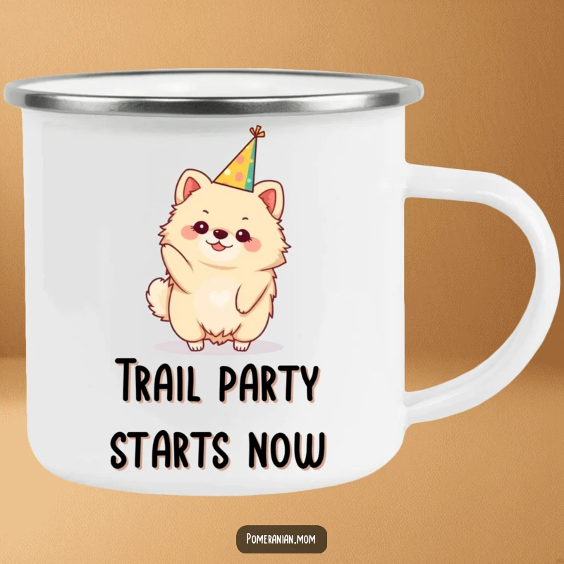 Funny kawaii Pomeranian camping mug, a sturdy mug with a cute dog balancing a festive party hat. For outdoor parties.